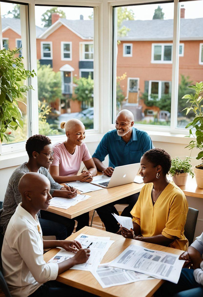 A compassionate scene depicting a diverse group of cancer patients and advocates sitting together at a community table, discussing housing options, with financial documents and a laptop open in front of them. The atmosphere is warm and hopeful, with a large window letting in soft sunlight, and plants in the background symbolizing growth and support. Include icons of houses and money symbols gently floating around, representing housing affordability. super-realistic. warm color palette. natural light.